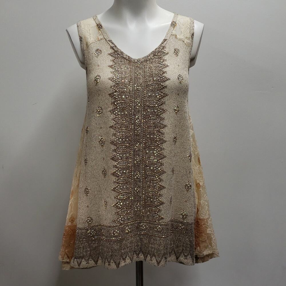 Vocal Rhinestone Embellished Trapeze Knit Tunic Tank Top Lace Inserts Women's S